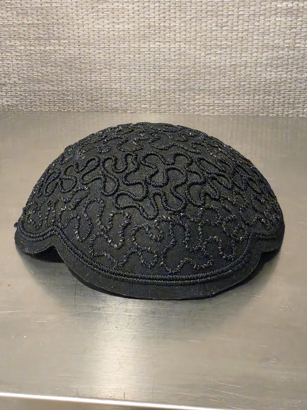 Vintage 1950s Black Soutache Beaded Cocktail Cap Hat Juliet Calot Scalloped Rim